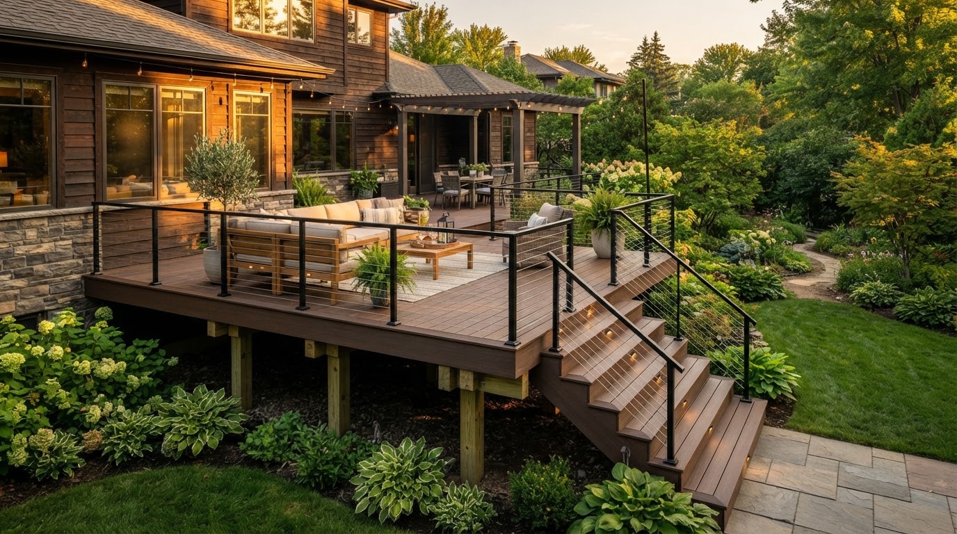 Finished deck replacement rebuild with new pressure treated framing, composite decking boards, cable railings and wide stairs opening into a landscaped Levittown backyard in golden hour light