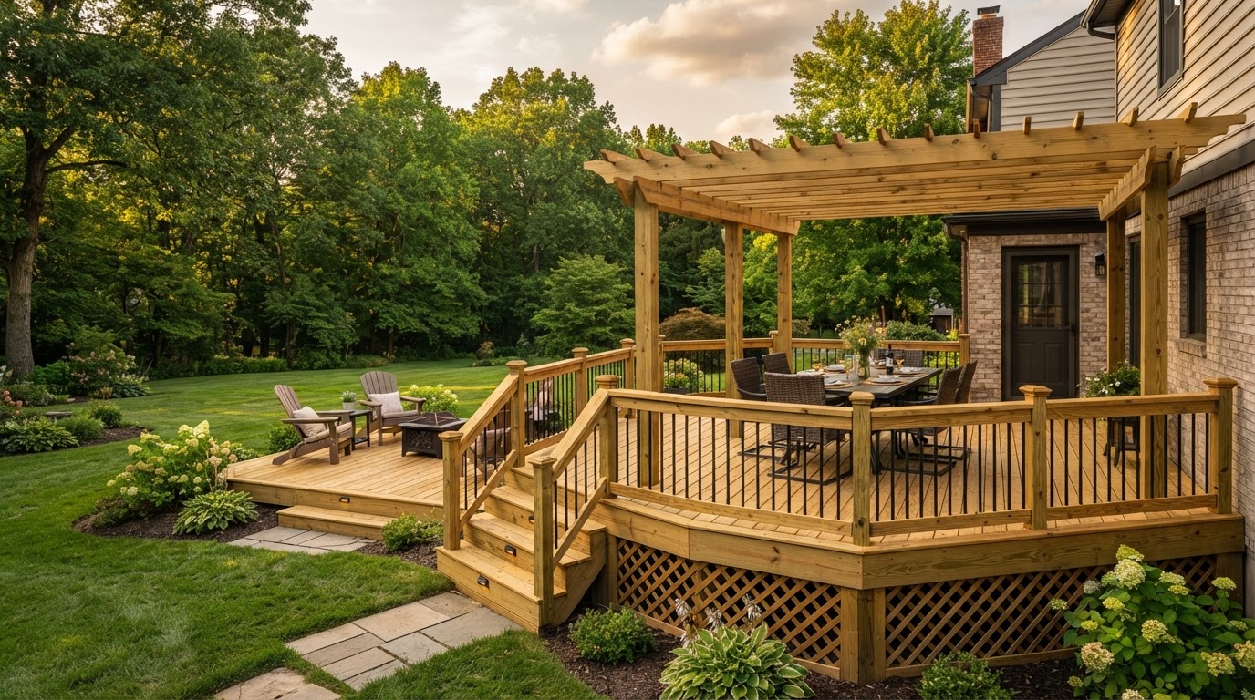 Finished backyard wood deck with a timber pergola and outdoor seating in warm afternoon light