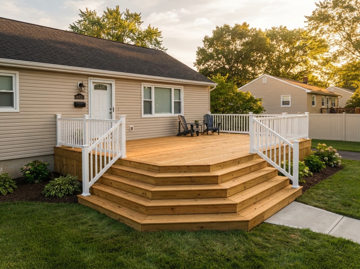 Finished new ground level pressure treated wood deck with wide wraparound stairs and white vinyl railing on a suburban Levittown home in warm golden hour light