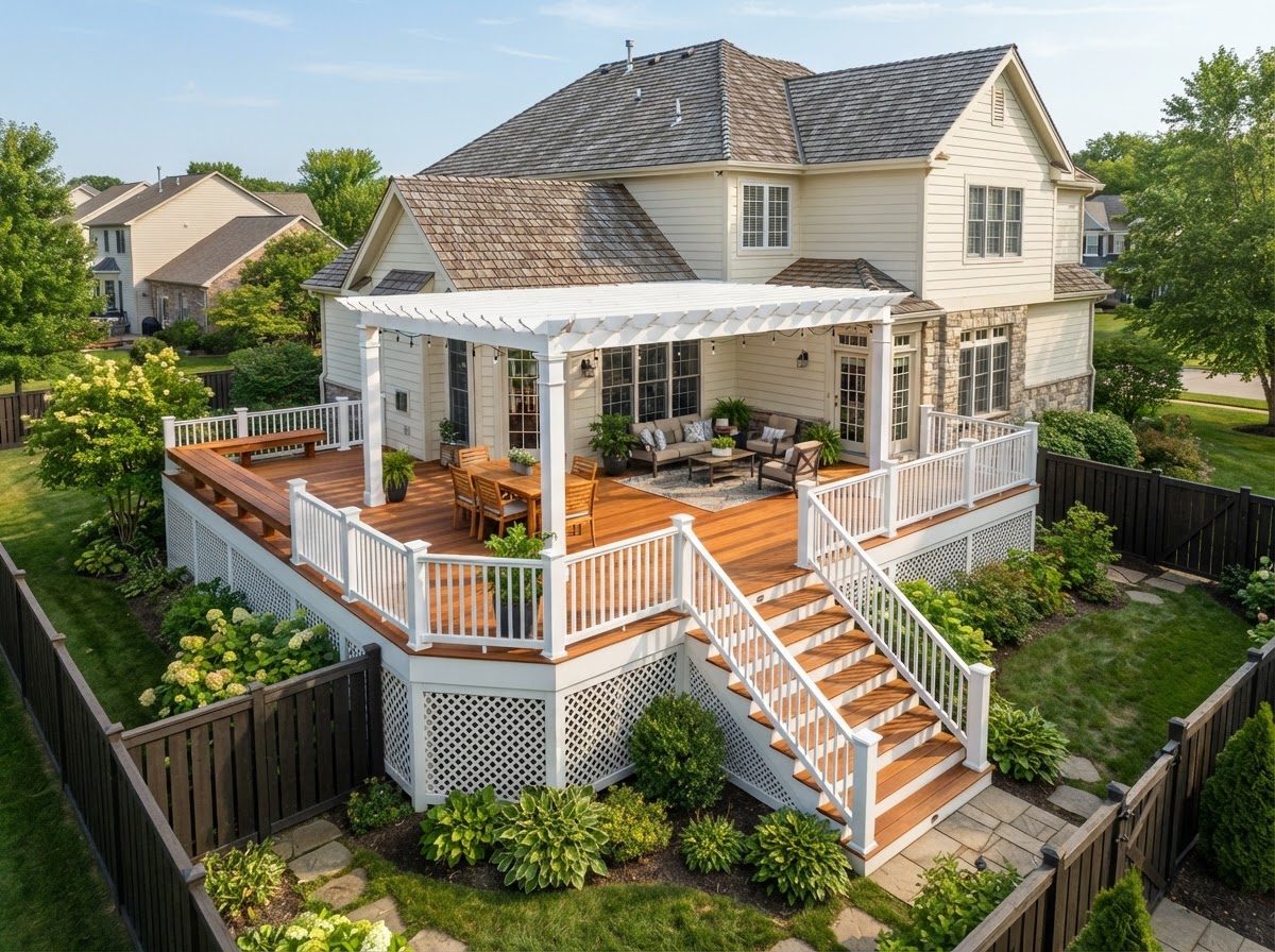 Finished wraparound deck with cedar tone boards, white posts, lattice skirting, integrated bench seating, and pergola on a suburban home in bright daylight