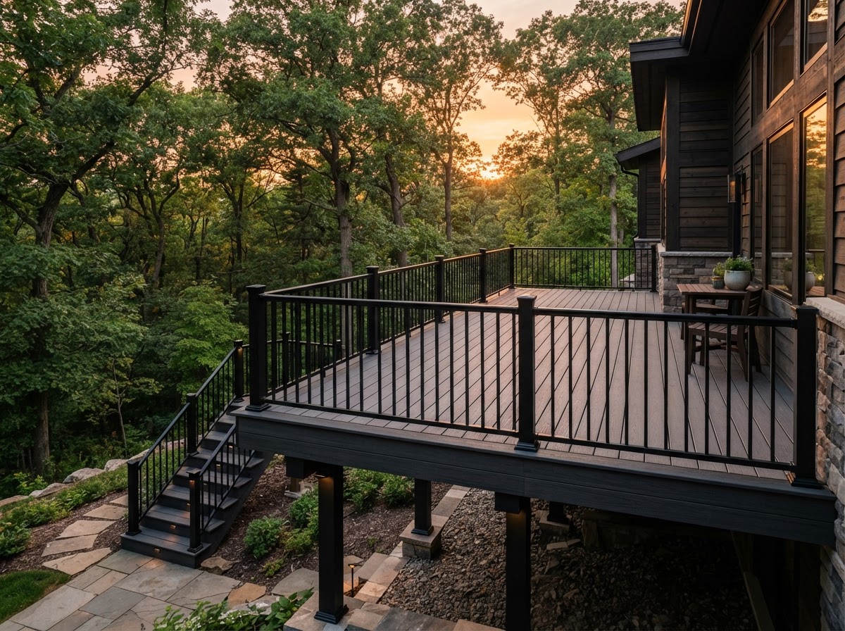 Finished new elevated second story composite deck with dark charcoal boards and black aluminum baluster railing overlooking a wooded backyard in warm sunset light