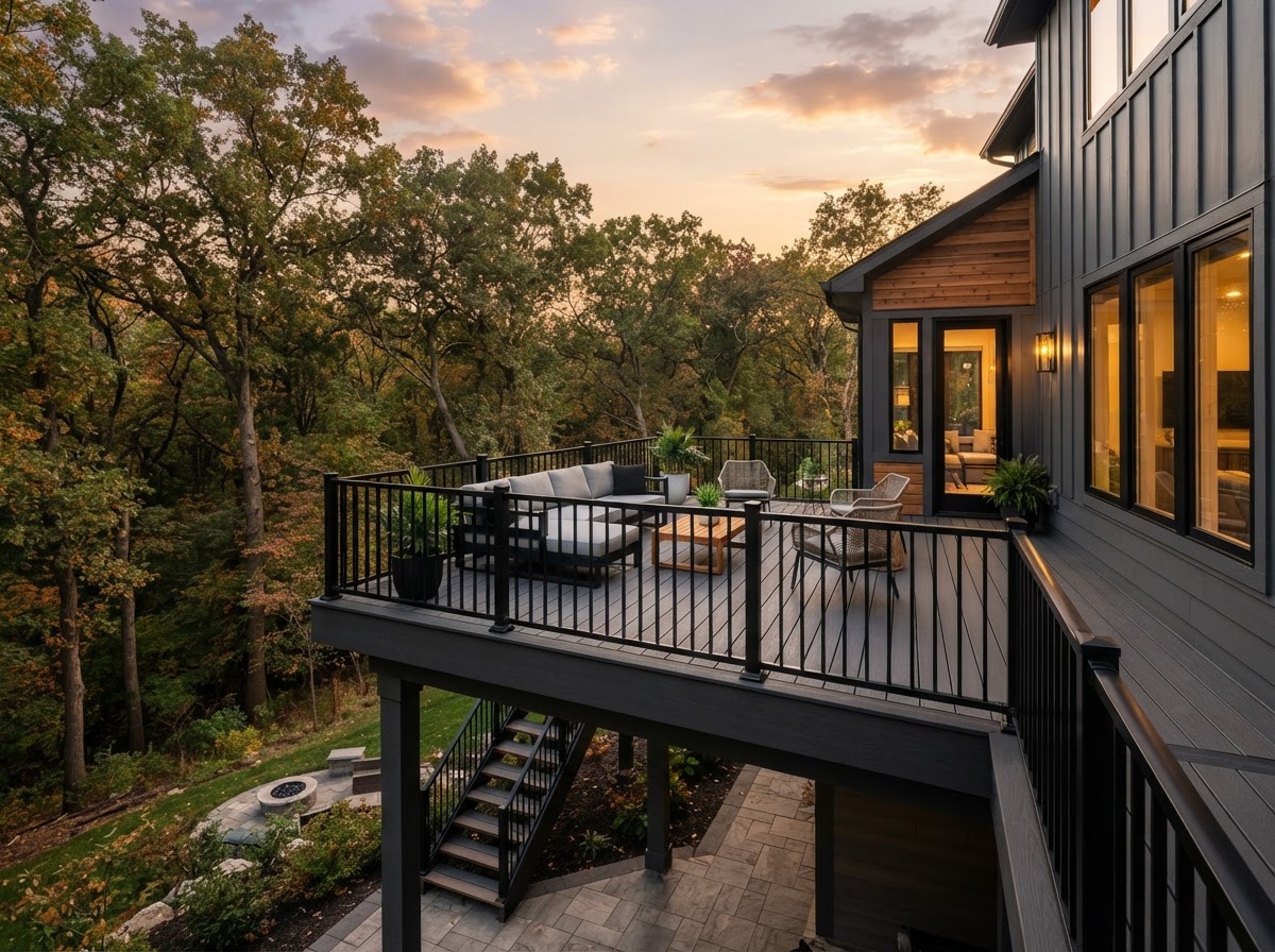 Finished second story composite deck with dark charcoal boards and black aluminum baluster railing overlooking a wooded backyard in warm sunset light