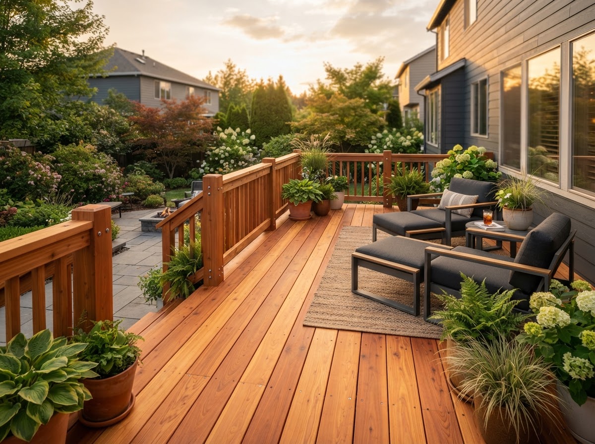 Restored cedar wood deck with freshly sanded and refinished boards, new stainless fasteners, and a rebuilt railing in a suburban backyard at golden hour