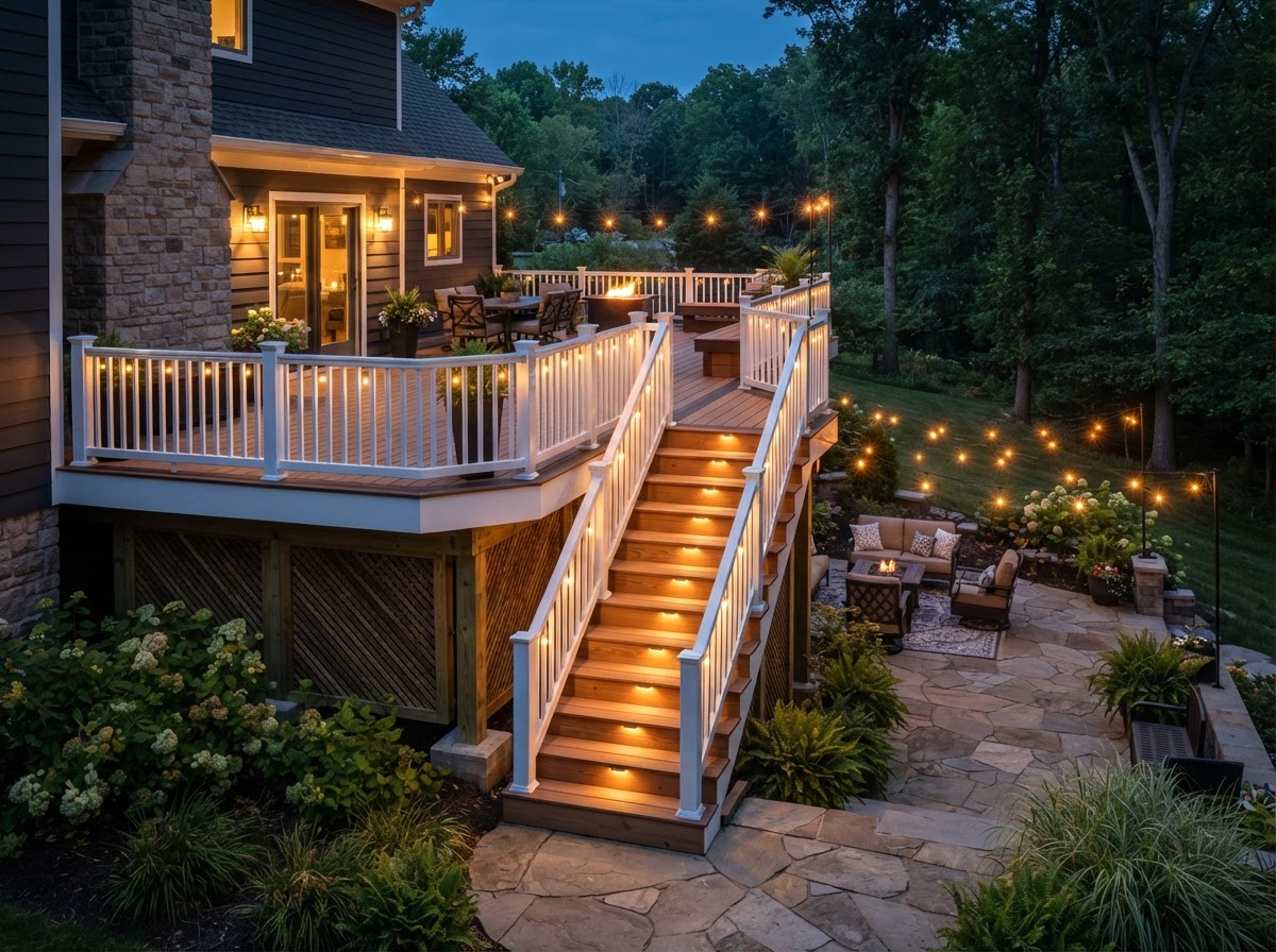 Finished new multi level wood deck connecting an upper entertaining level to a lower patio with stairs and warm string lights at dusk