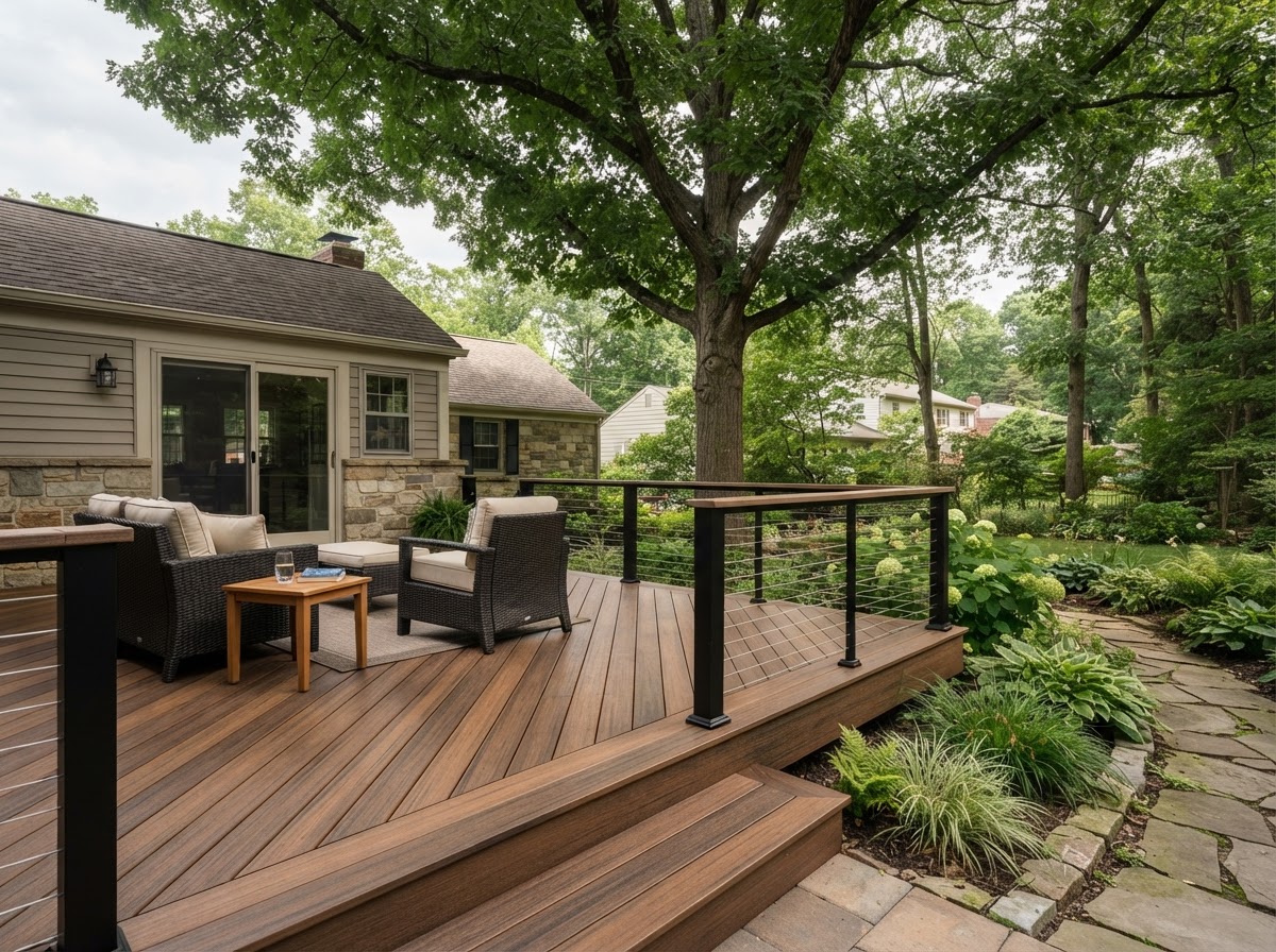 Finished low ground level composite deck in a suburban backyard with a mature shade tree and outdoor chairs
