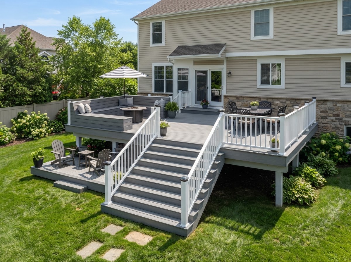 Conceptual rendering of a finished multi level composite deck with built in bench seating