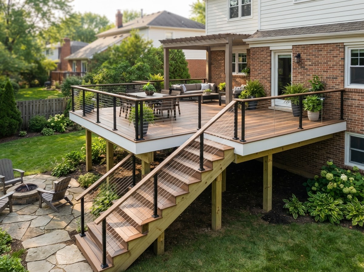 Finished rebuilt backyard deck with new framing, composite boards, cable railing and stairs at a Hamilton Township home