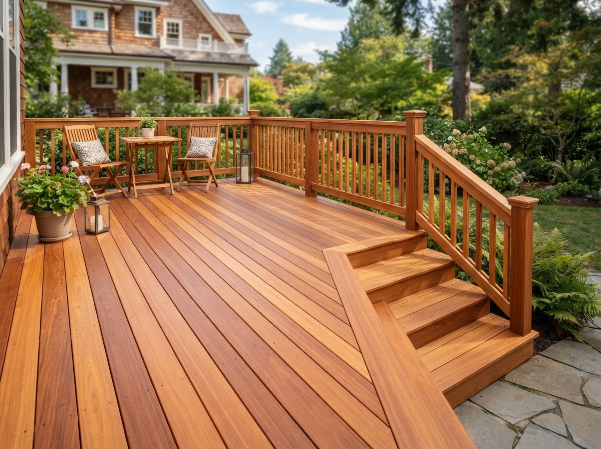 Restored and refinished wooden deck surface with smooth boards, repaired railing and stairs at a Hamilton Township home