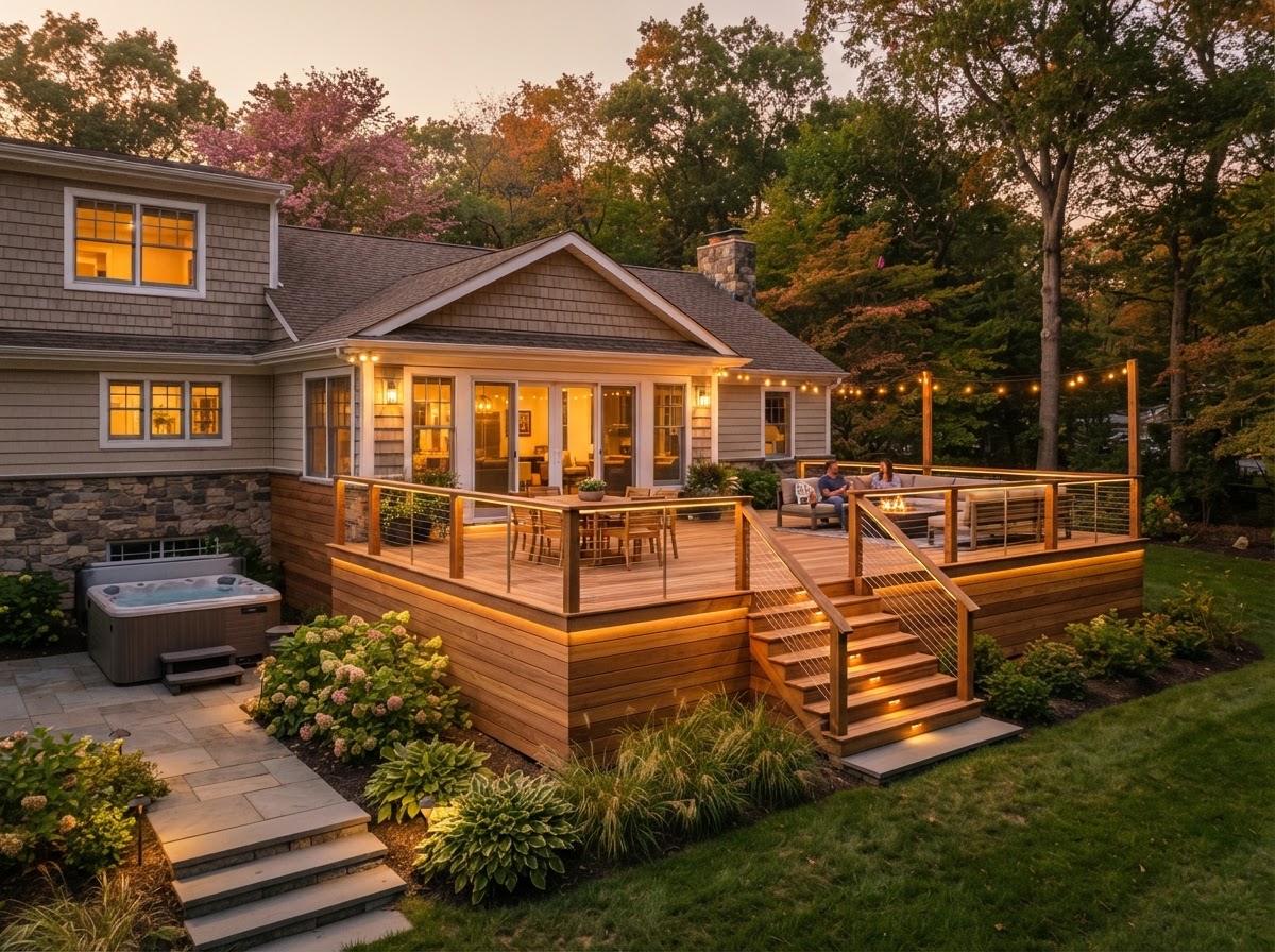 Conceptual rendering of a finished cedar deck with horizontal cable railing and landscape lighting