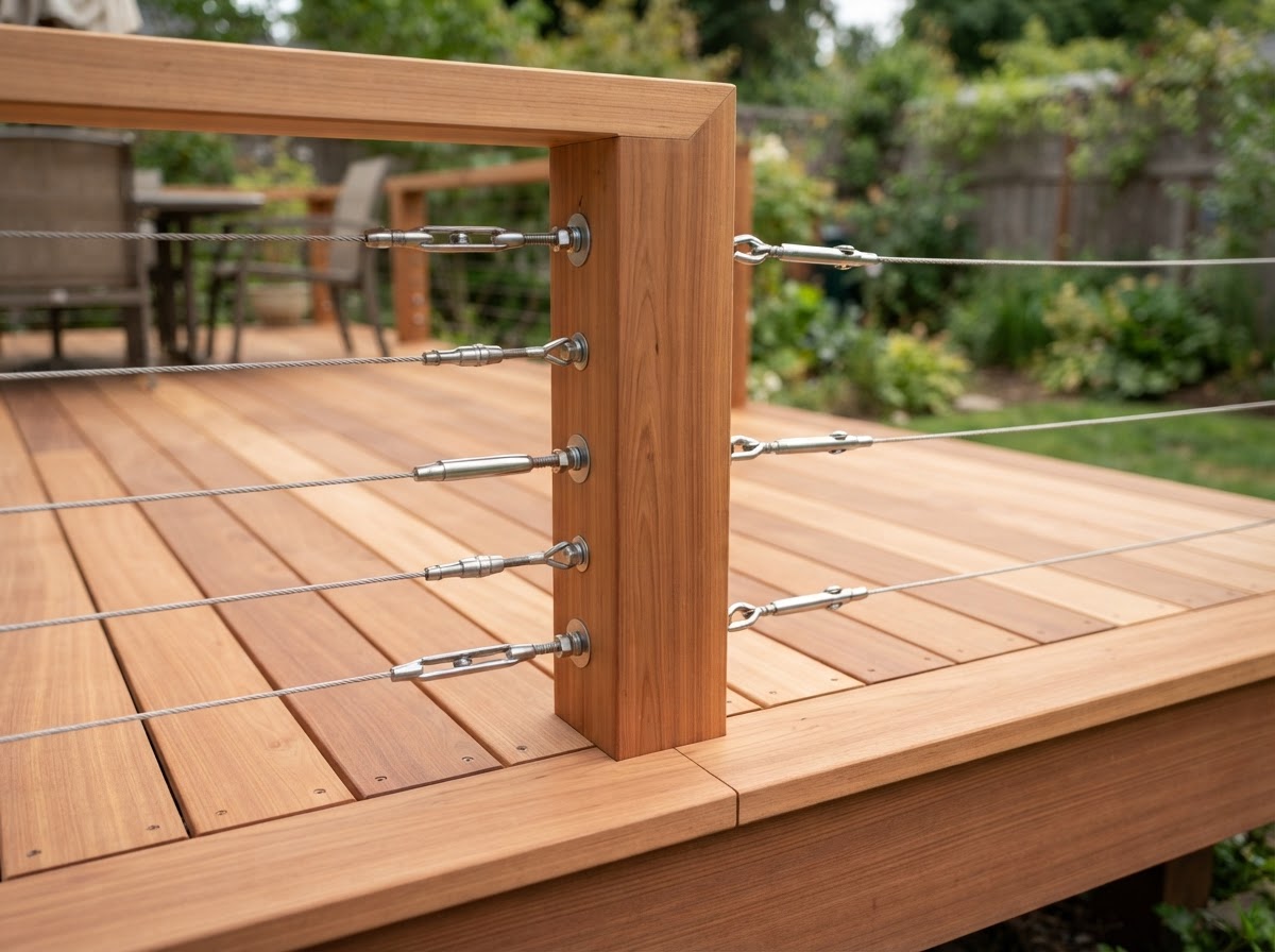 Close detail of a finished cedar deck with smooth wood grain, crisp joinery and cable railing