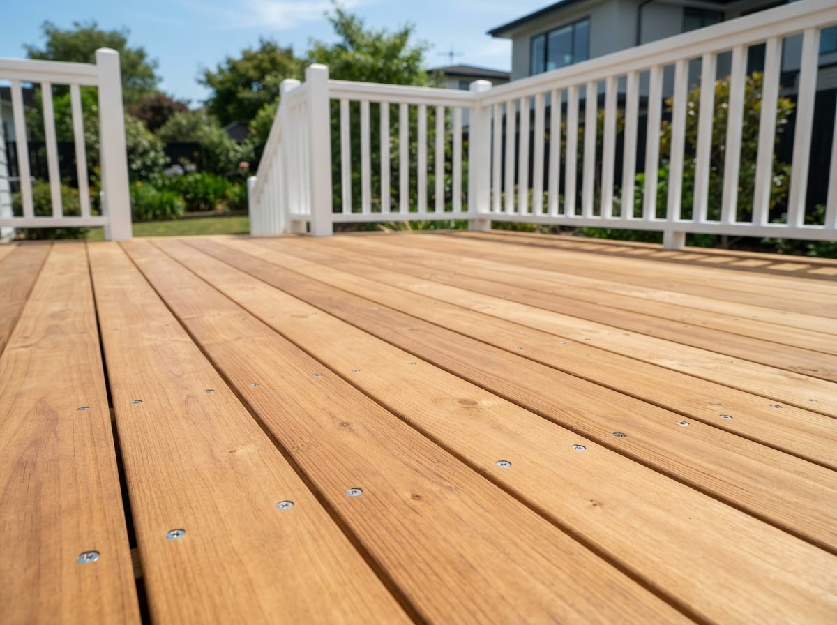 Conceptual rendering of a restored and refinished wood deck surface with smooth boards