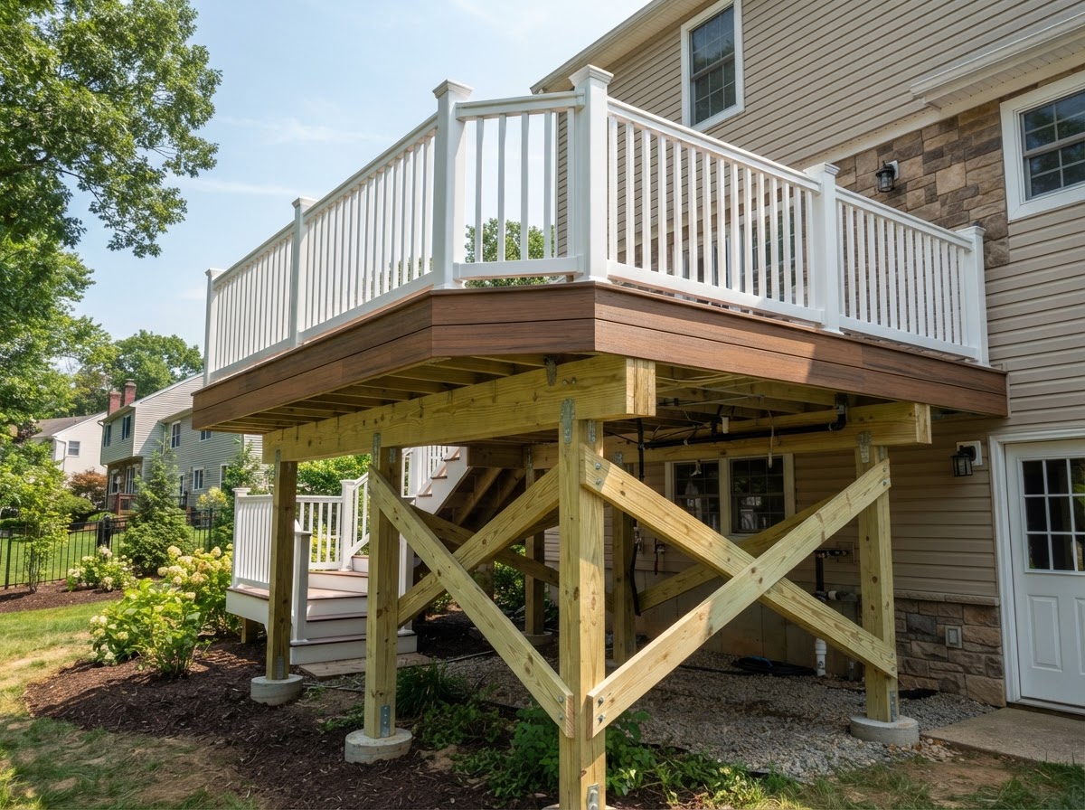 Conceptual rendering of a rebuilt deck with new pressure treated framing and composite boards