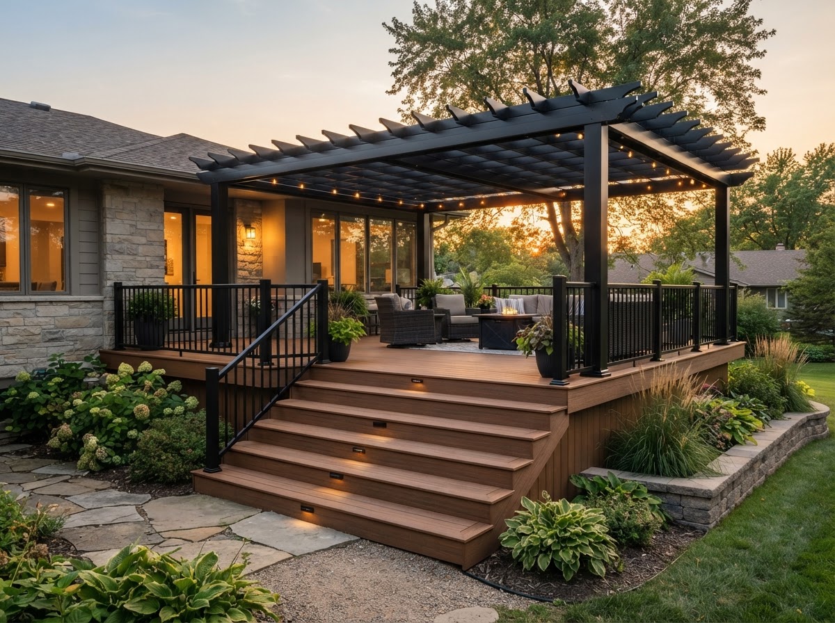 Conceptual rendering of a completed composite deck rebuild with pergola and aluminum railing
