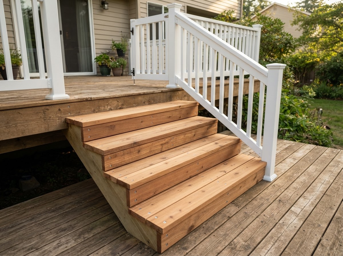 Finished deck repair with replaced wooden stair treads and new baluster railing
