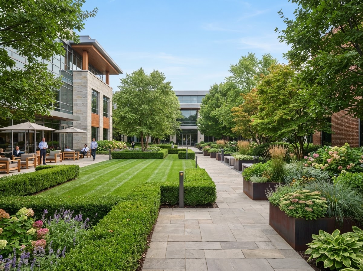 Commercial courtyard with landscaping and structured hedges