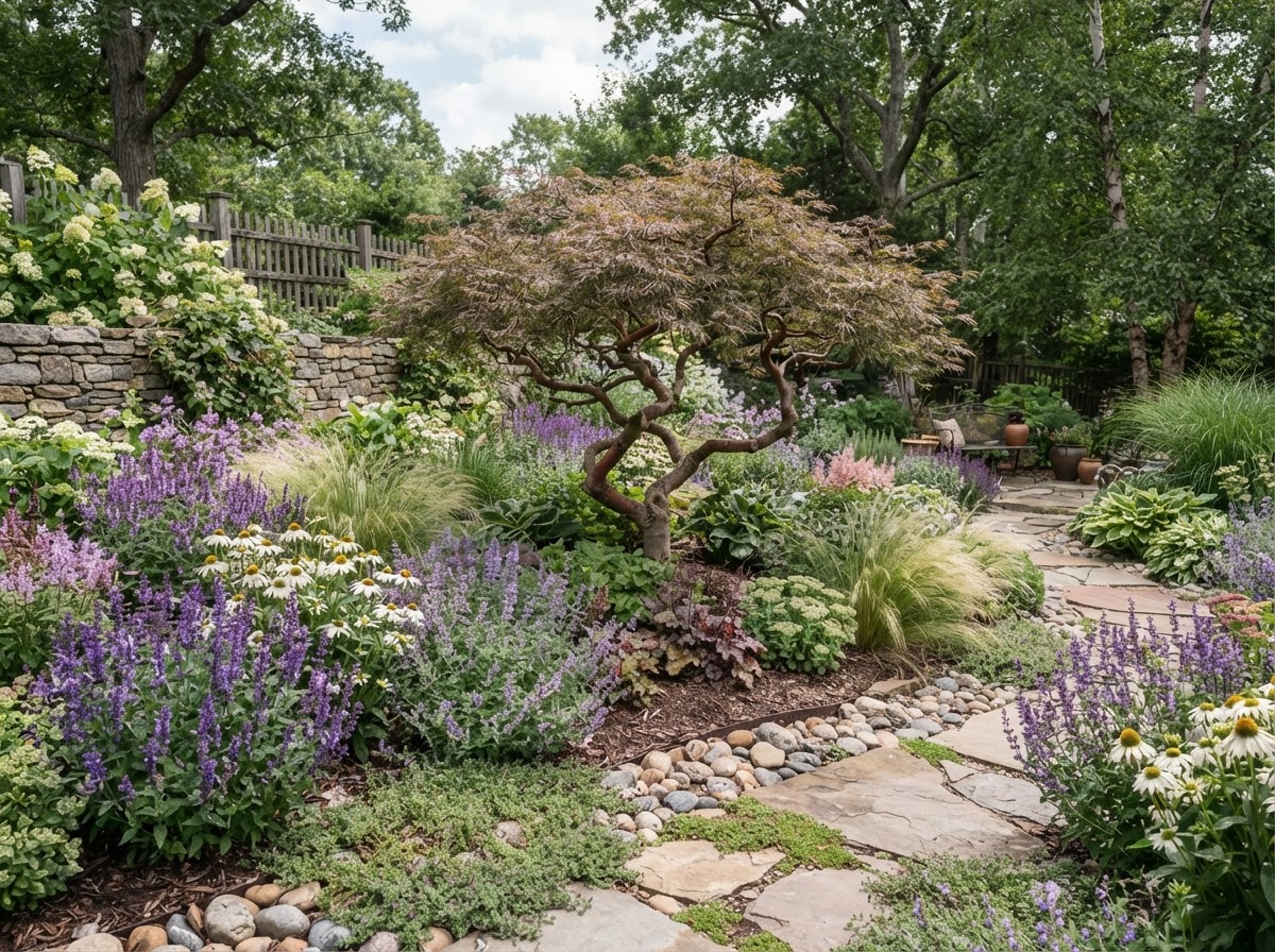 Garden design with layered plantings of color and texture