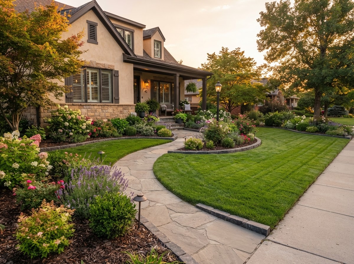 Residential garden after: uniform black mulch, curved paver edge and decorative plants