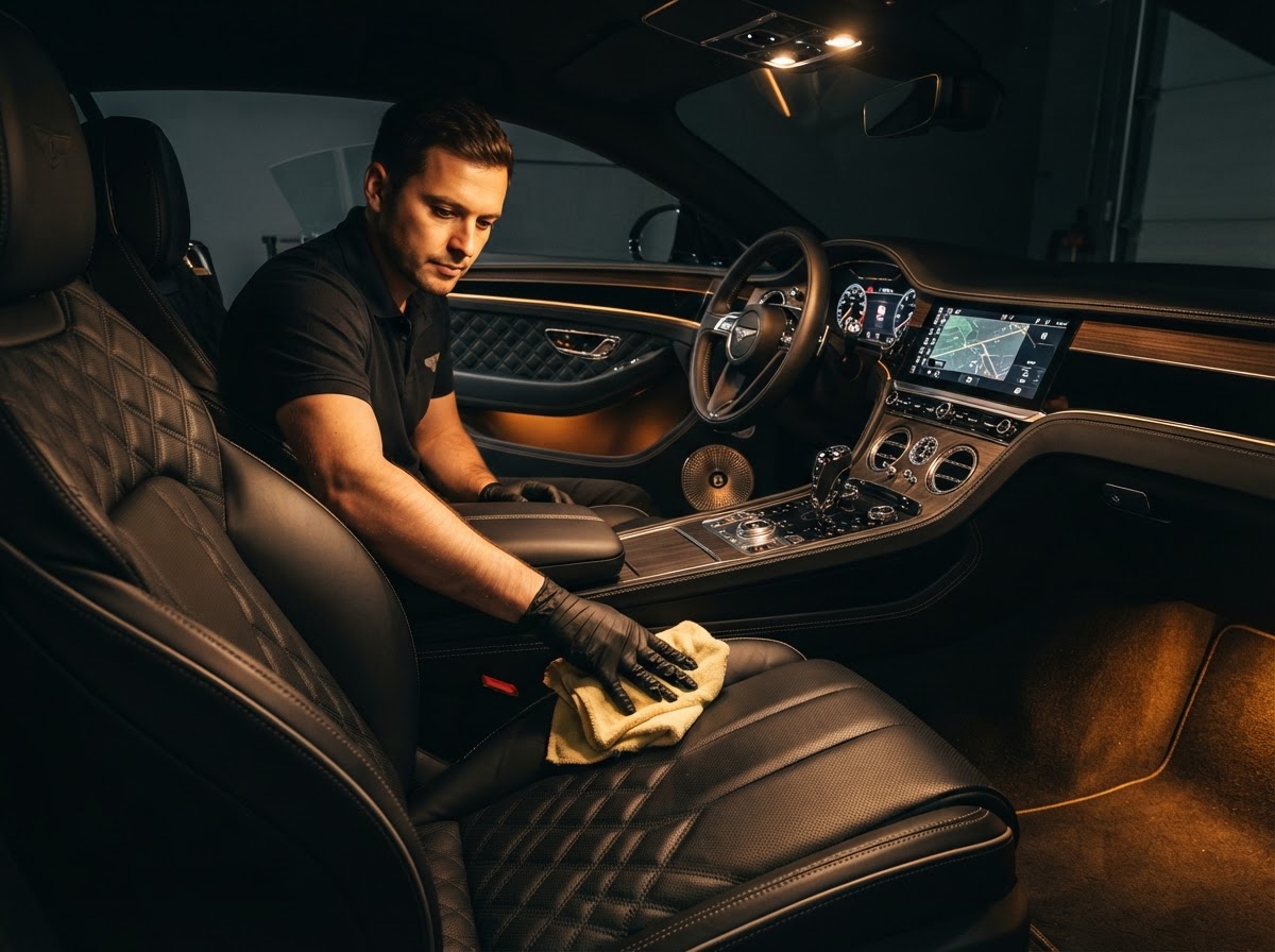 Lutai Detail specialist conditioning a luxury car interior in Orlando