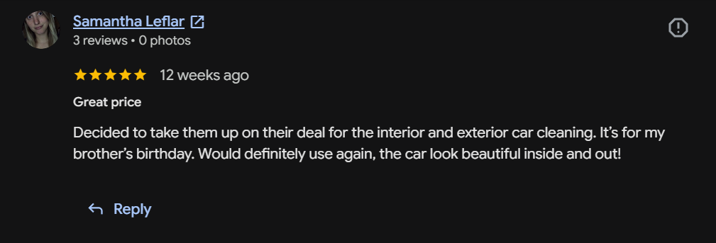 Google review from Samantha Leflar