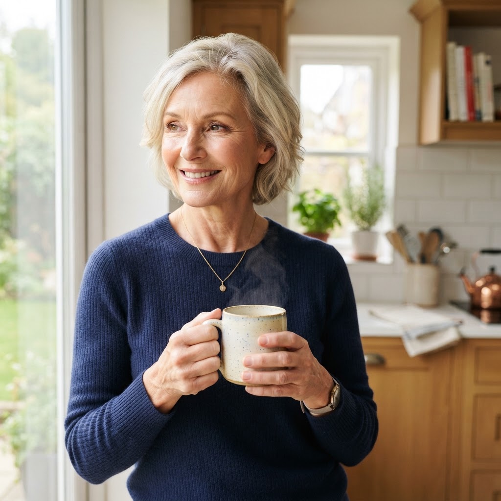 A relatable, active woman in her early sixties enjoying her day.