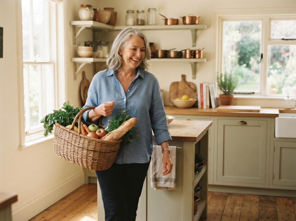 A capable woman in her early sixties carrying fresh groceries through a bright, cozy kitchen.