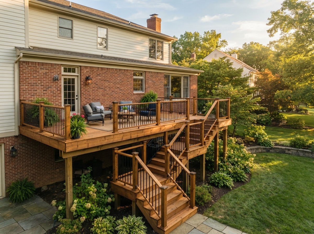 Concept rendering of an elevated deck with a staircase leading down to the yard