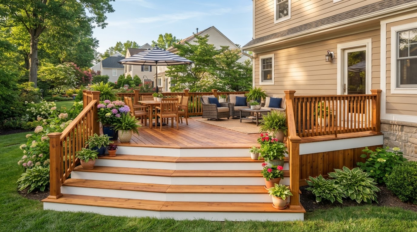 A freshly refinished and restored wood deck with renewed boards and railings in Norristown, Pennsylvania