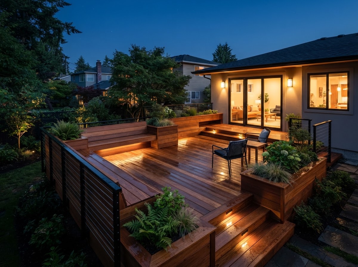 Concept rendering of a deck with perimeter bench seating and integrated planter boxes