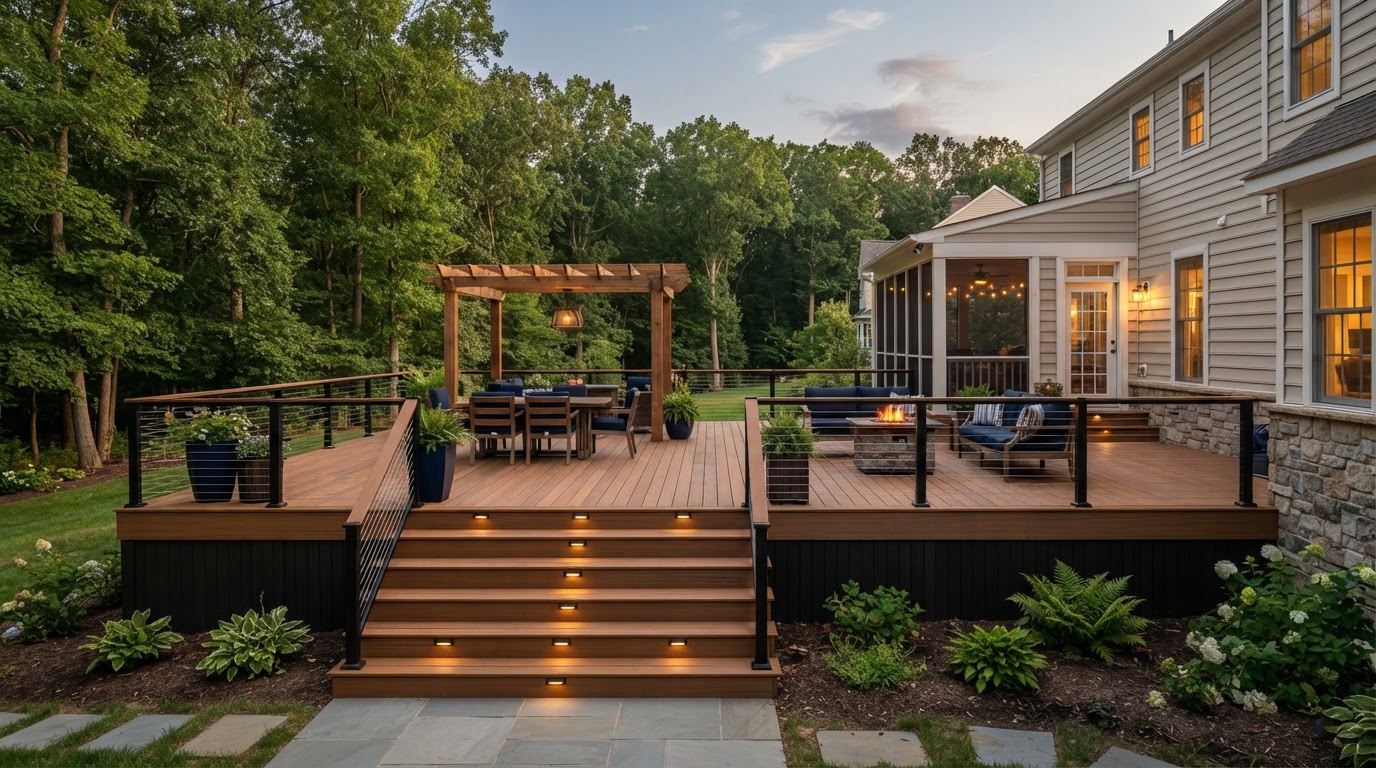 A newly rebuilt deck with fresh framing, composite boards, railings, and stairs in a Norristown, Pennsylvania backyard