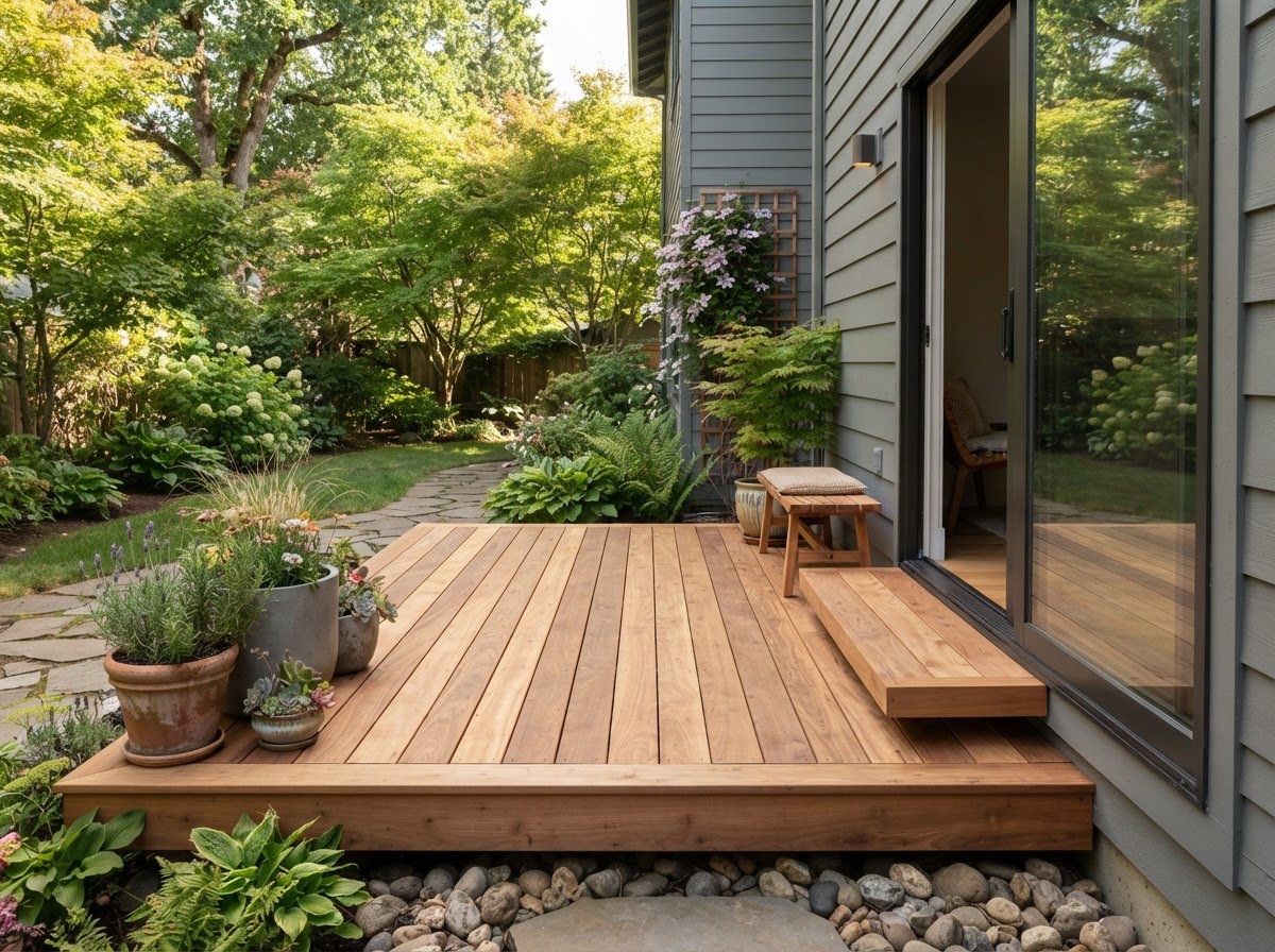 Concept rendering of a low platform deck with a single step from a sliding door