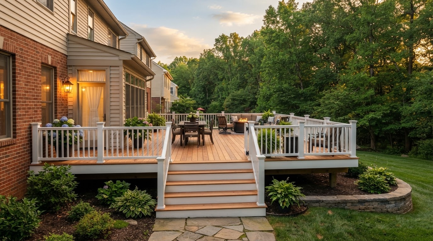 A finished newly built cedar deck with white railings and stairs in a Norristown, Pennsylvania backyard