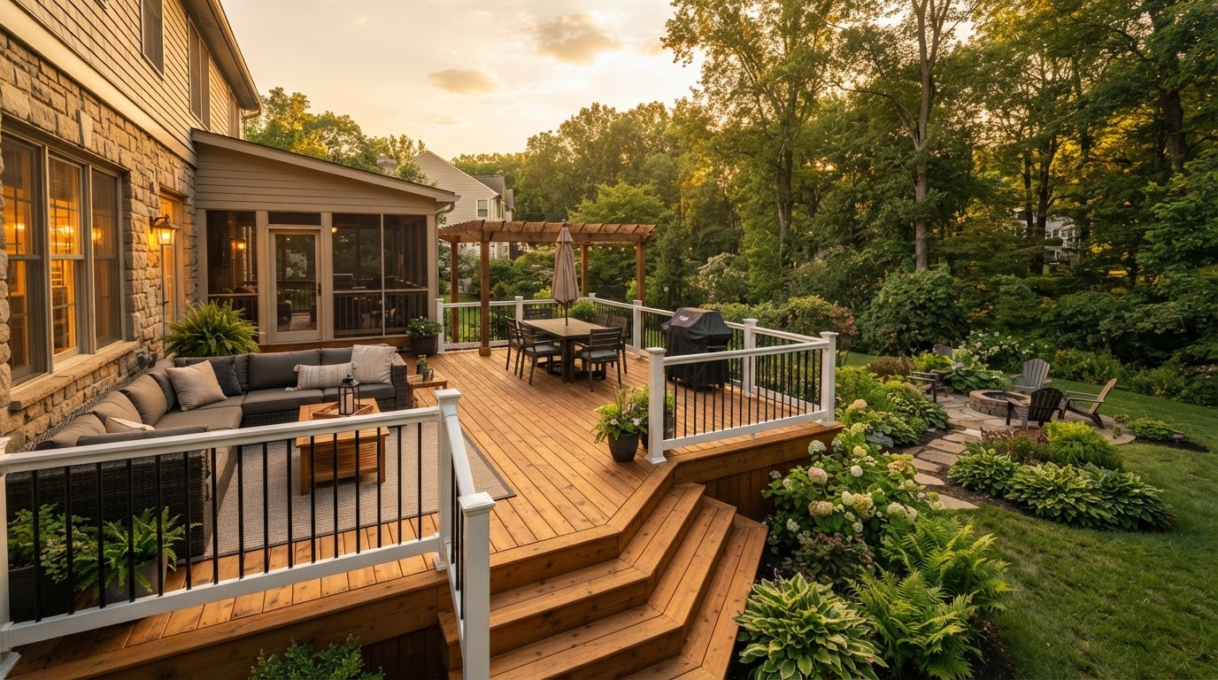 A finished backyard deck overlooking trees in Norristown, Pennsylvania at golden hour