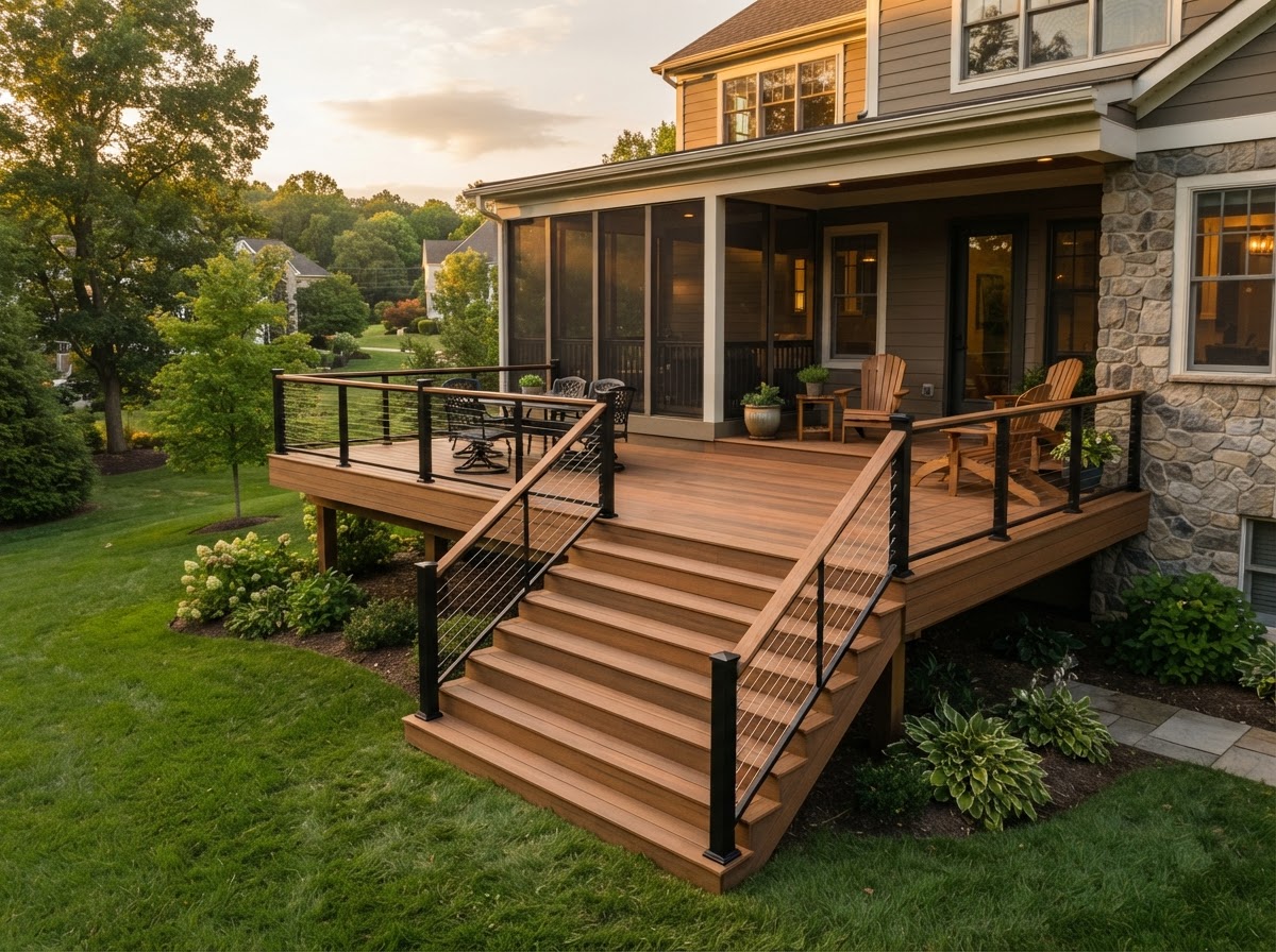 Concept rendering of a stepped deck with wide stairs and black cable railing