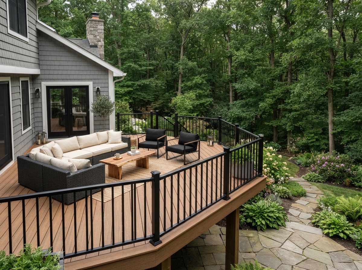 Concept rendering of a composite deck with black aluminum railing overlooking a wooded yard