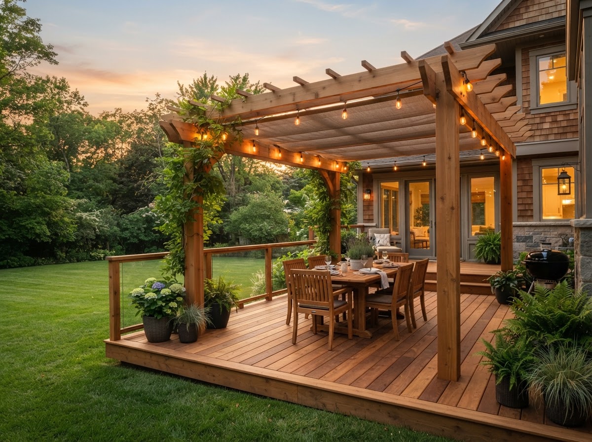 Concept rendering of a deck with a cedar pergola overhead and space for outdoor dining