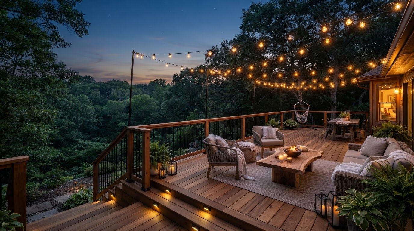 A finished backyard deck completed for a Norristown, Pennsylvania home in evening light