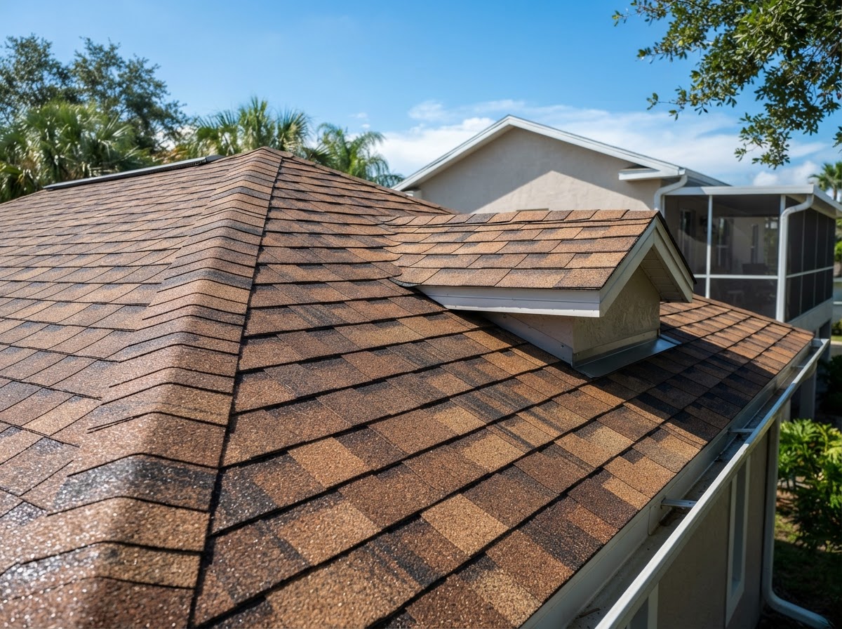 Example two-story farmhouse home with a weathered wood asphalt shingle roof