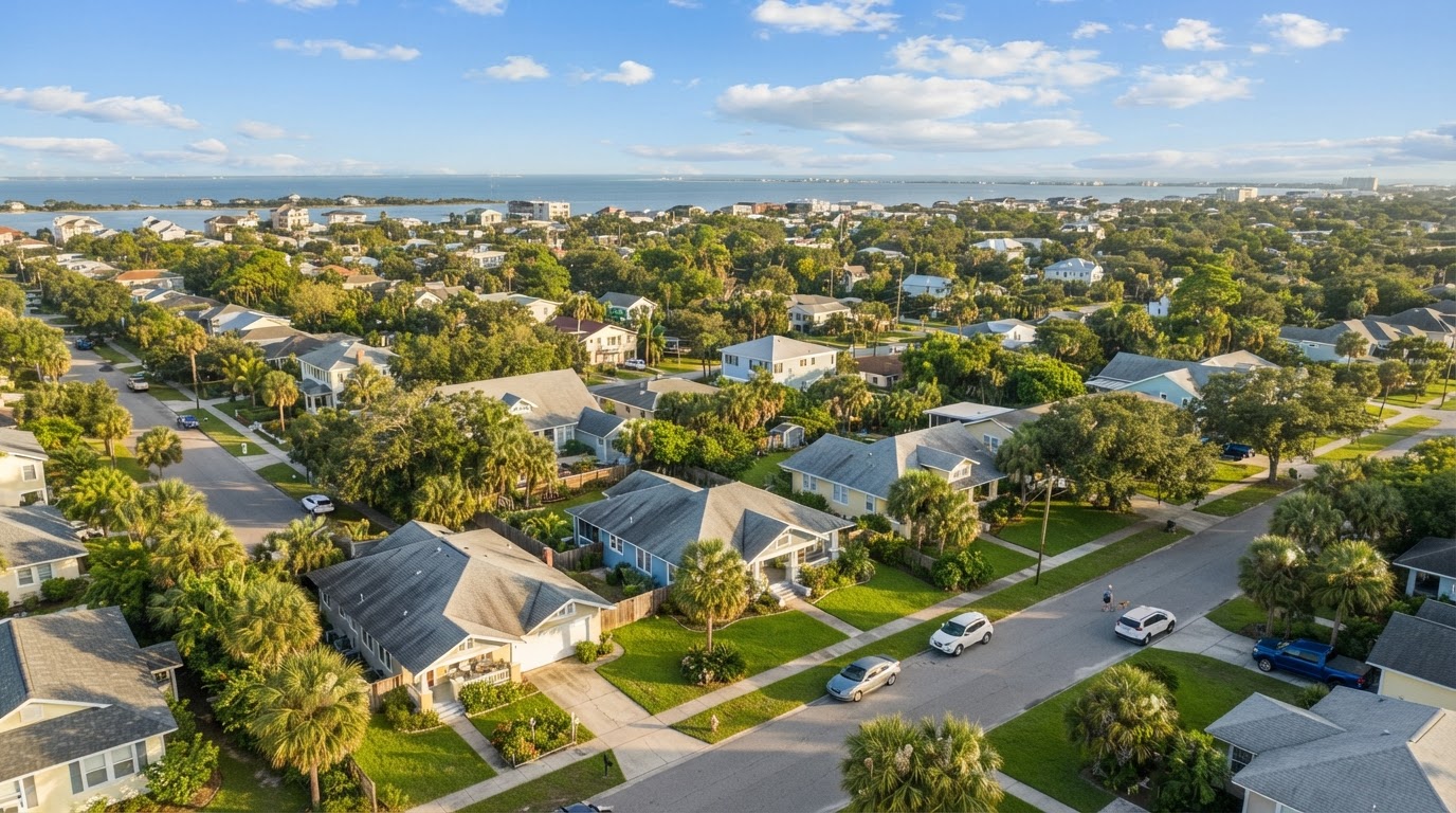 Sunny residential asphalt shingle roofs in a North Florida neighborhood