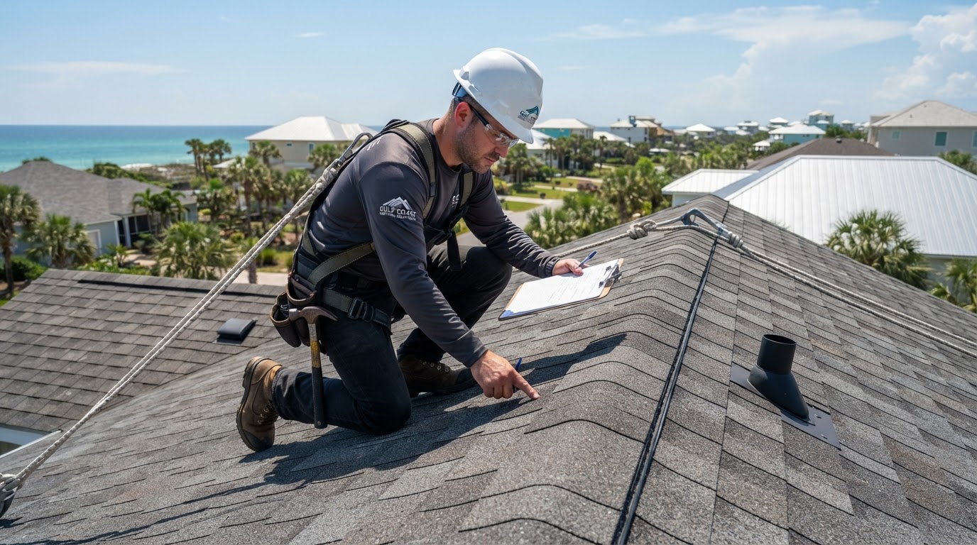 Roofing technician inspecting an asphalt shingle roof in Tallahassee, Florida