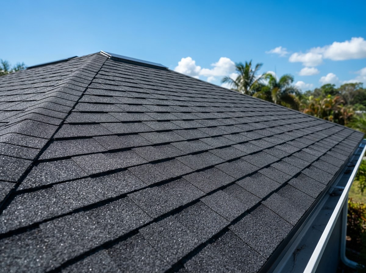 Same asphalt shingle roof with restored, richer color after rejuvenation treatment
