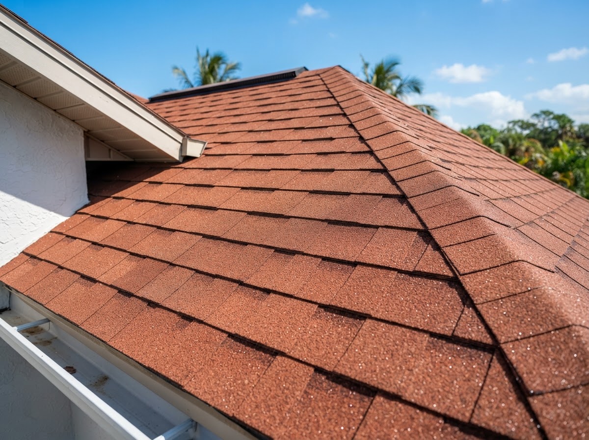 Example two-story home with a terra cotta asphalt shingle roof