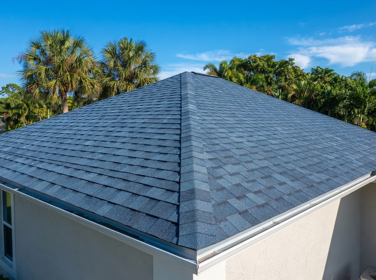 Example two-story home with a slate blue asphalt shingle roof