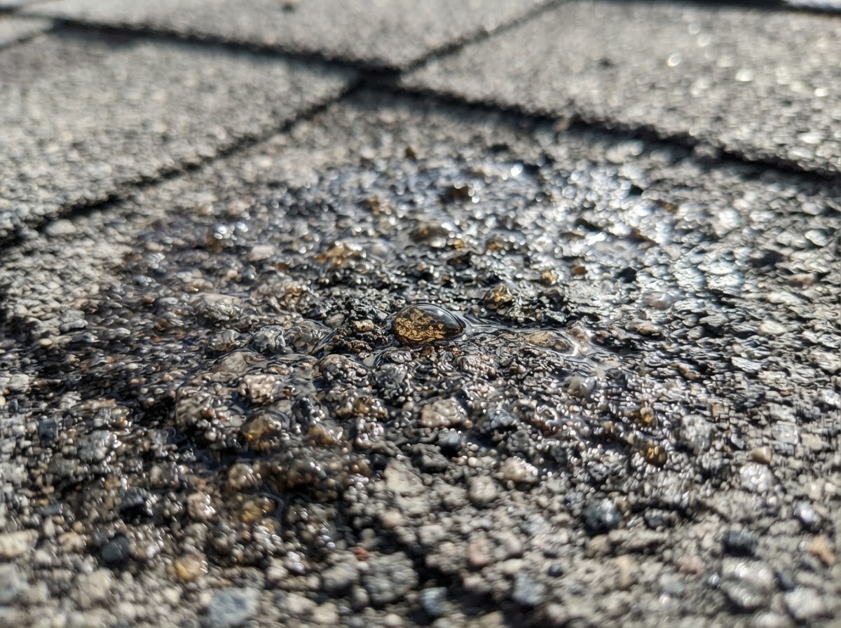 Close-up of a bio-based rejuvenation treatment soaking into an asphalt shingle surface