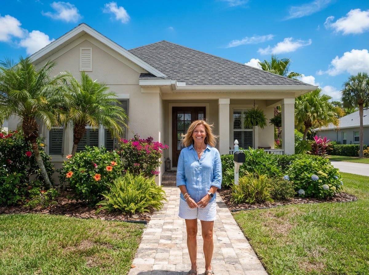A cheerful homeowner in front of their coastal Florida home with an asphalt shingle roof