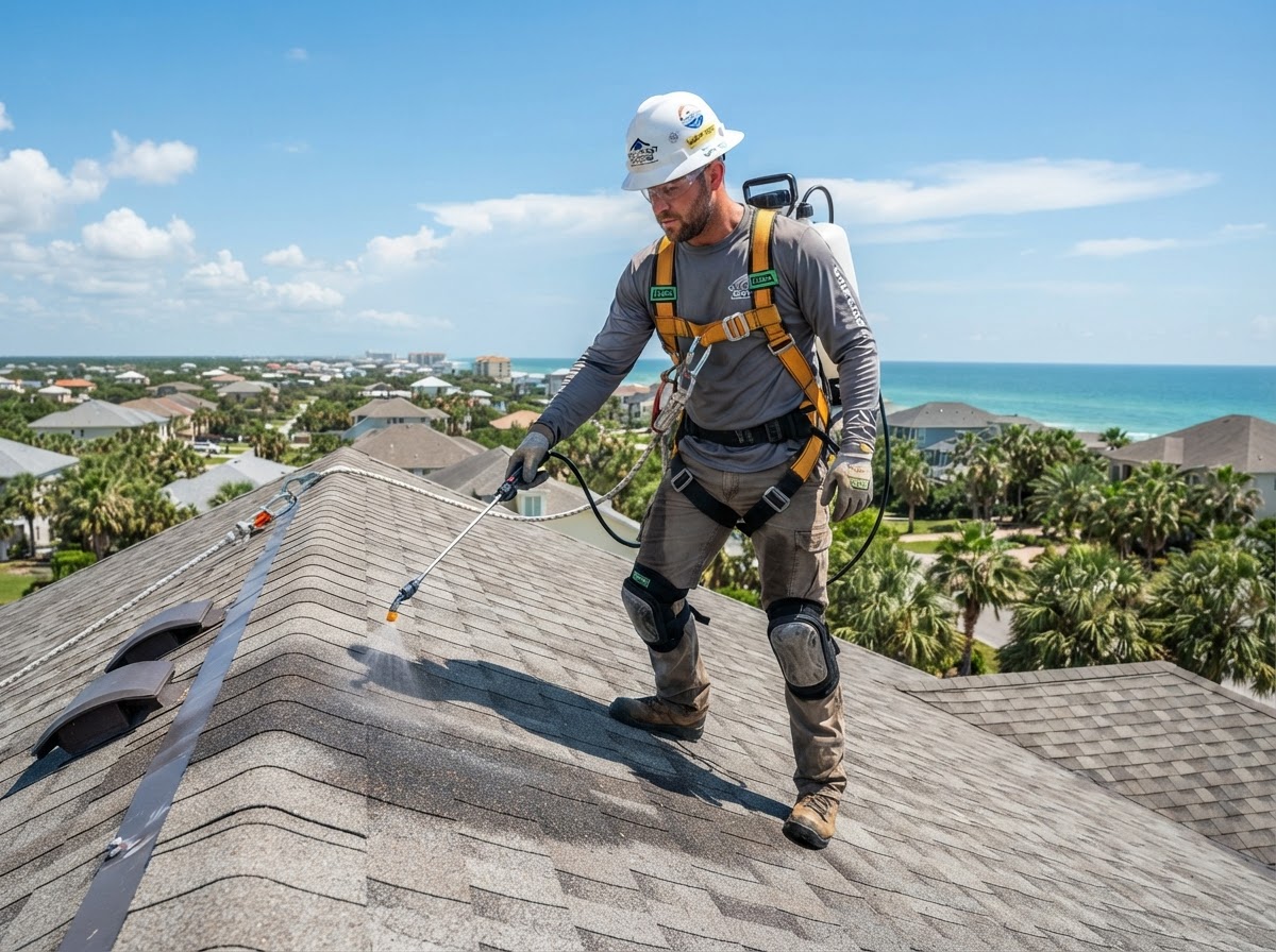 Roofing technician in safety harness spraying a rejuvenation treatment onto an asphalt shingle roof