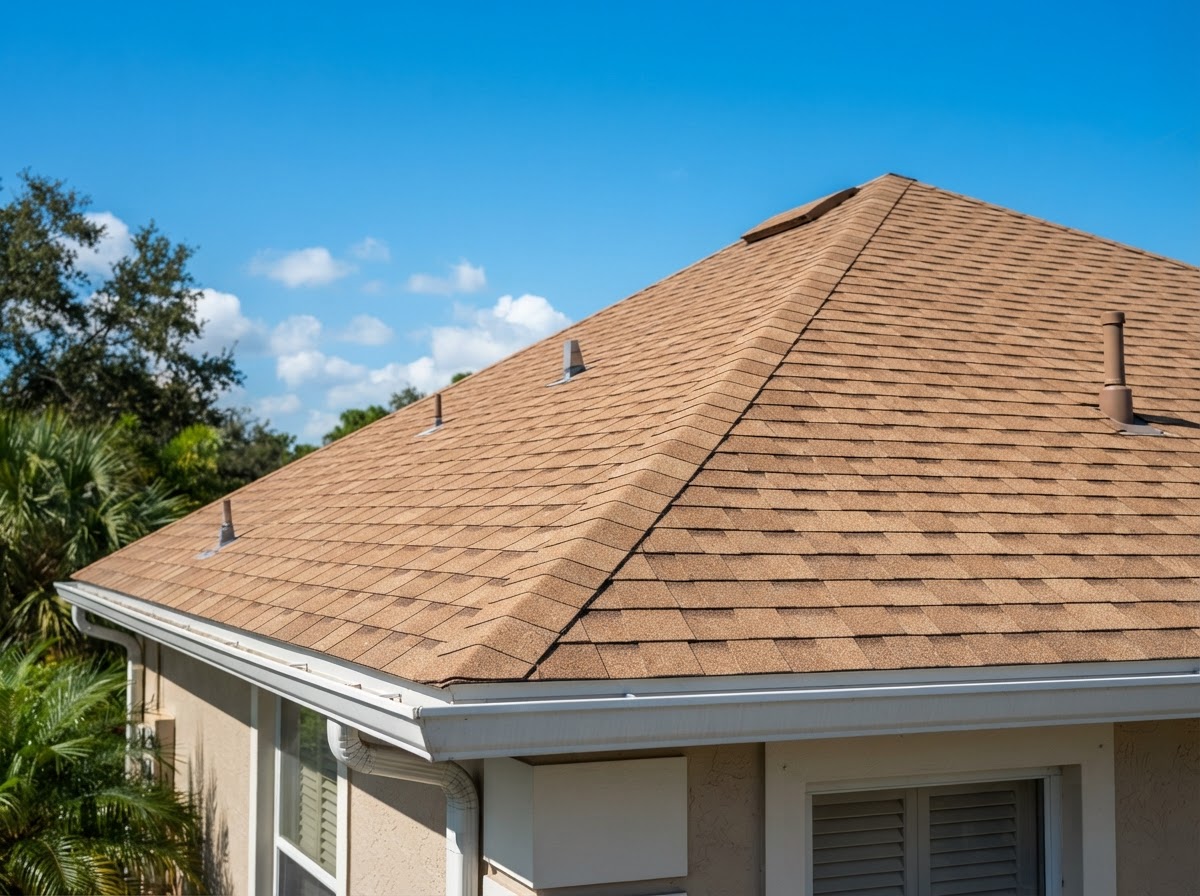 Example single-story ranch home with a desert tan asphalt shingle roof