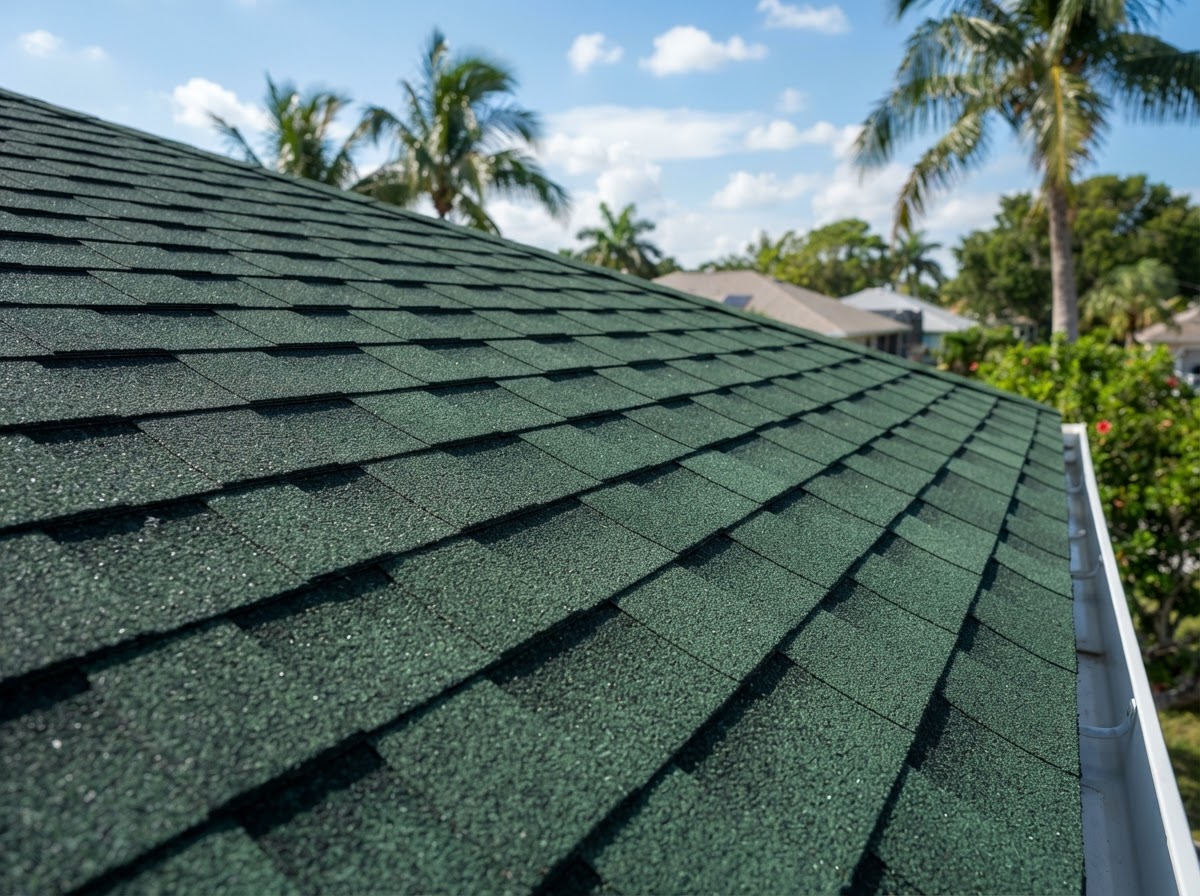 Example single-story ranch home with a hunter green asphalt shingle roof