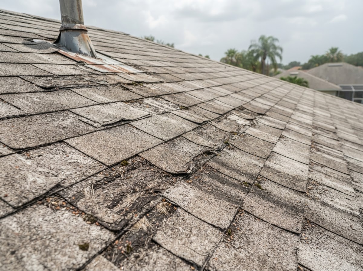 Aging asphalt shingle roof with faded, dry shingles before rejuvenation treatment