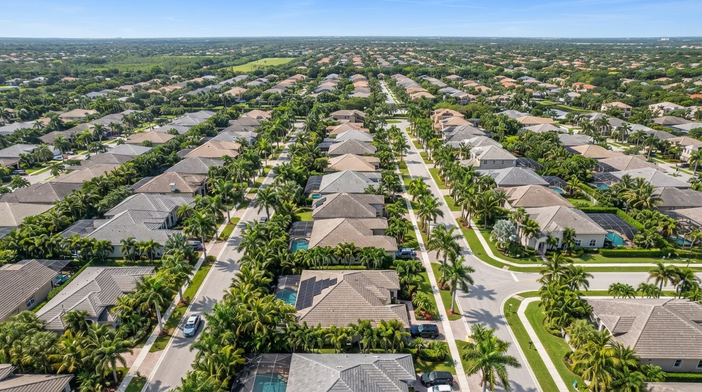 Aerial view of a North Florida residential neighborhood with asphalt shingle roofs