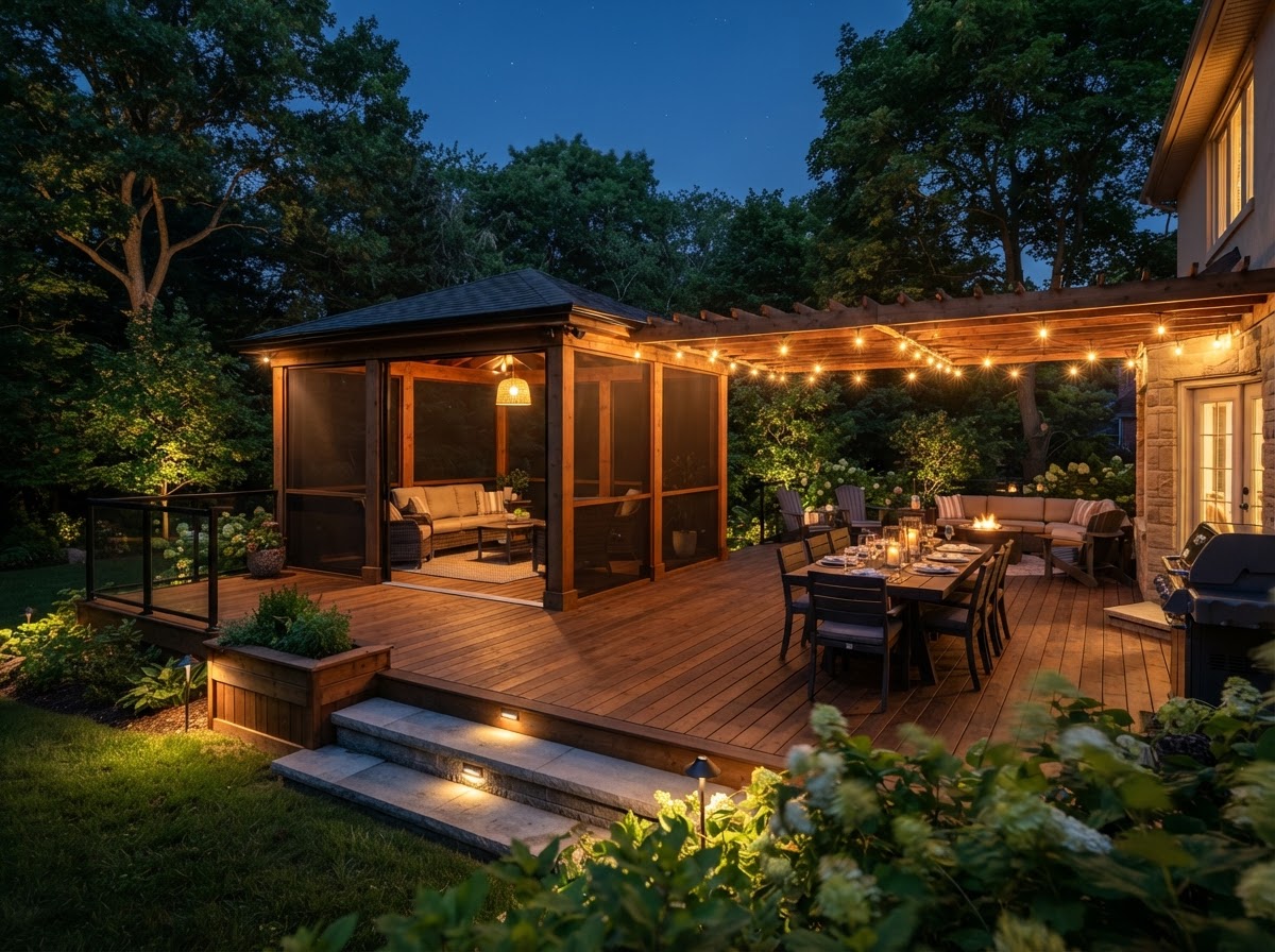 Illustrative concept of a large backyard deck with a gazebo and string lights